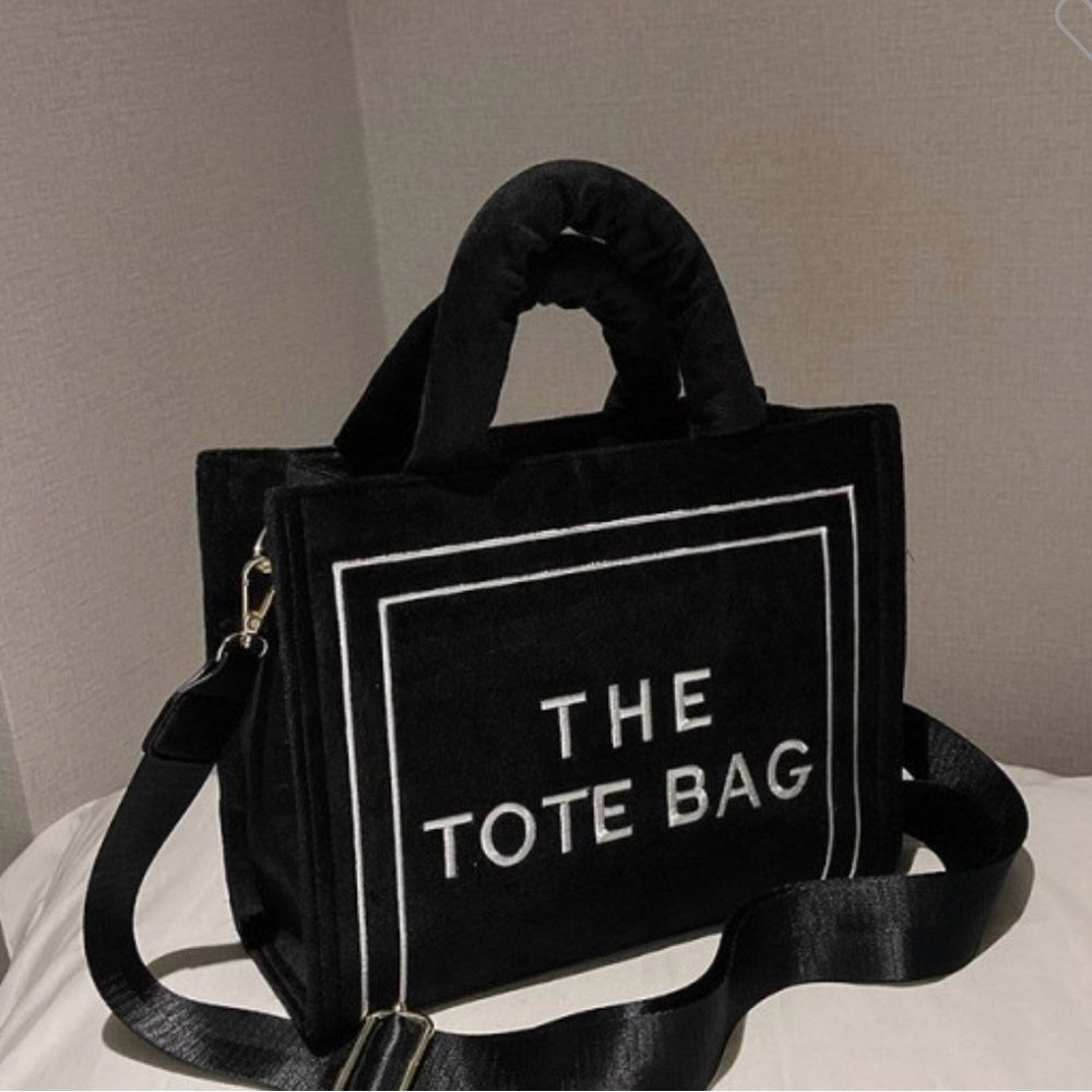 Black velvet material Tote Bag with White Lettering